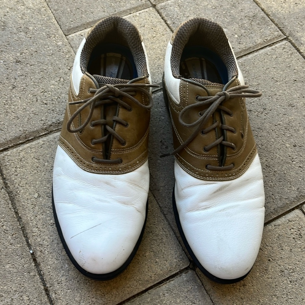 Nike Men’s Sz 9.5 Air Tour White Tan Leather Saddle Golf Shoe 309890